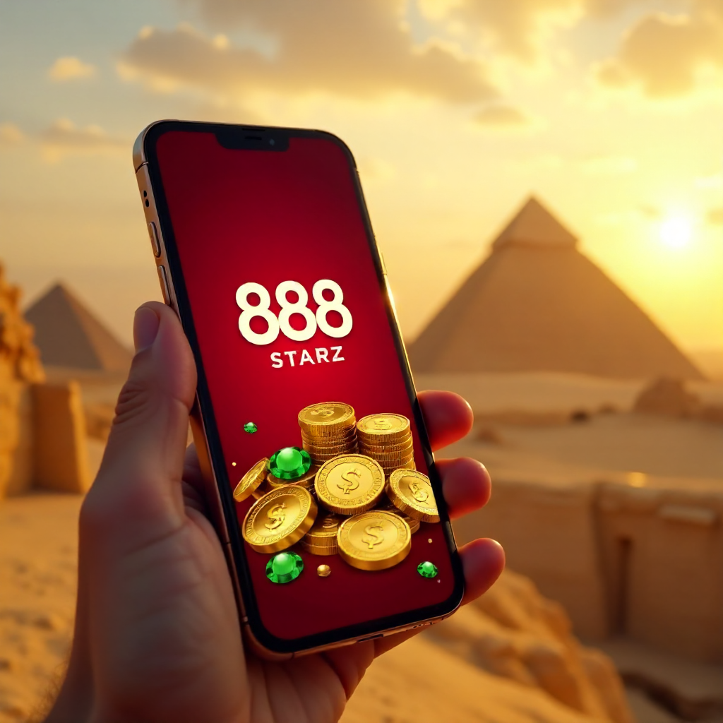 888starz app download على هاتف ذكي مع 888starz download for android وخلفية أهرامات الجيزة وعملات ذهبية